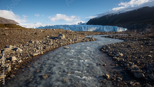 Flowing braided meltwater river carving rocky foreland toward glacier, with cobbles and boulders