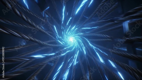 A vibrant blue light radiates outward in dynamic streaks through a dark environment from a central glowing point.