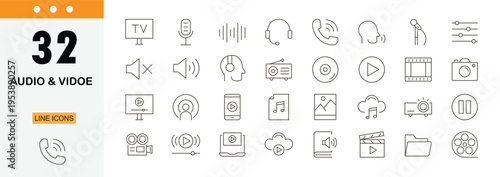 Audio and video icons set representing media, sound, recording, playback, camera, microphone and digital content creation. Editable Stroke.