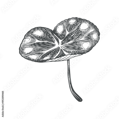 Vector sketch of a cyclamen leaf on a white background. Line drawing of the flower. Imitation of engraving. Raw material for medicines, perfumes, and cosmetics.