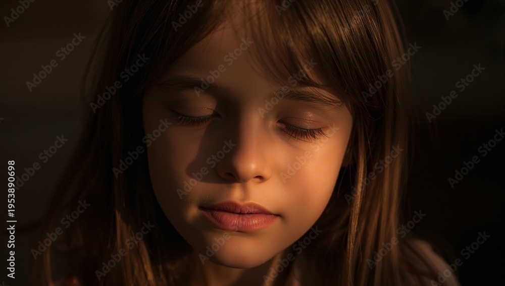 Fototapeta premium Basking schoolgirl resting with closed eyes by window, showing eyelashes, strands and skin glow