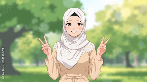 happy young muslim woman in a park anime style illustration 