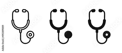 Stethoscope Icon Set, Medical Diagnostic Tool Symbol in Outline, Solid and Hand-Drawn Styles for Healthcare