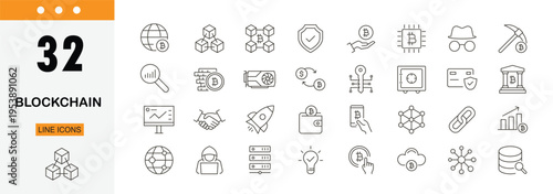 Blockchain icons set showing digital ledger, crypto network, data security, decentralization and modern financial technology. Editable Stroke.