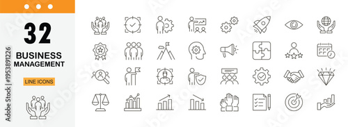 Business management icons set showing organization, leadership, workflow, planning, team coordination and corporate operations. Editable Stroke.