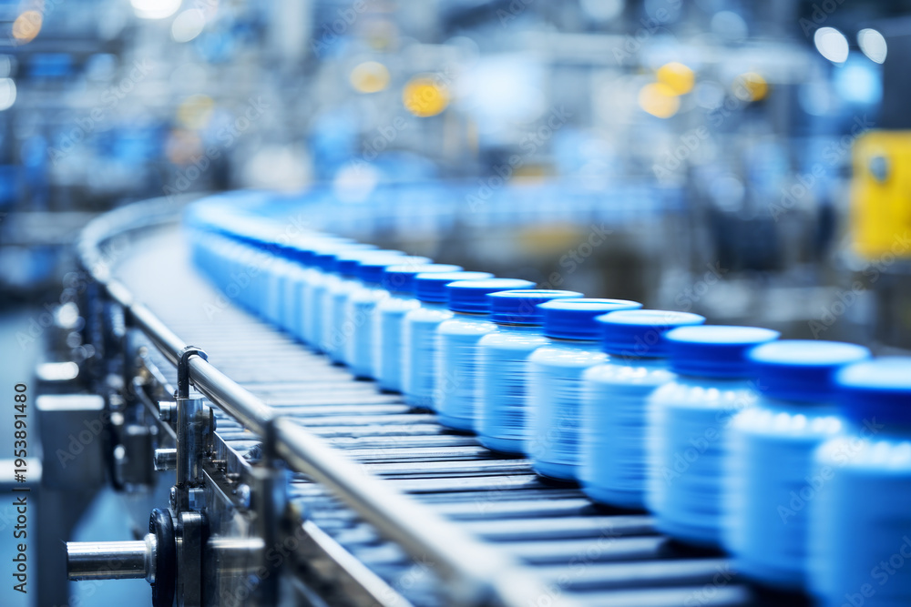 Obraz premium In a canned food factory, blue jars move along a conveyor belt as they are processed. Workers monitor the line to ensure jars are filled and sealed correctly