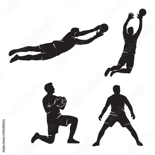 Four black silhouettes of men playing handball isolated on transparent background