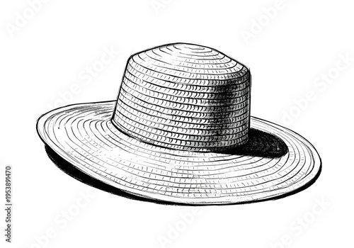 Hand-drawn sketch of a wide-brimmed straw hat with a textured weave and dramatic shading