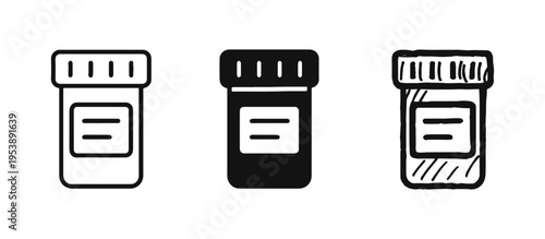 Pill Bottle Icon Set, Medicine Jar Symbol in Outline, Solid and Hand-Drawn Styles for Pharmacy and Healthcare