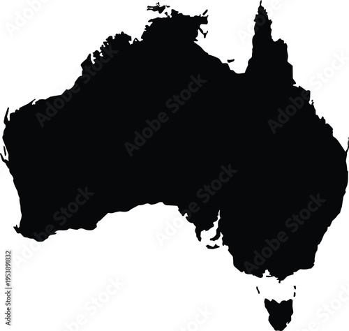 Australia map silhouette with detailed coastline, country outline isolated on white background, geographic illustration for travel, education, navigation, business and infographic design use