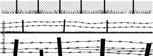 Barbed wire and chain link fence silhouettes collection isolated on white background representing prison security barriers, border protection and restriction illustration