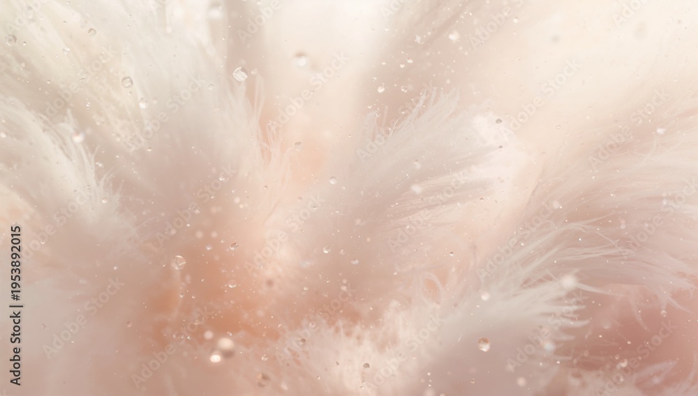 Fototapeta premium Displaying cluster pale blush feathers with barbs glistening with droplets in macro studio bokeh