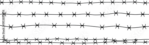 Barbed wire fence lines collection isolated on white background representing prison security barrier, danger warning border elements illustration
