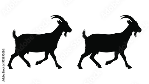 Two black silhouette goats are depicted in a side profile showcasing their distinct horns and builds