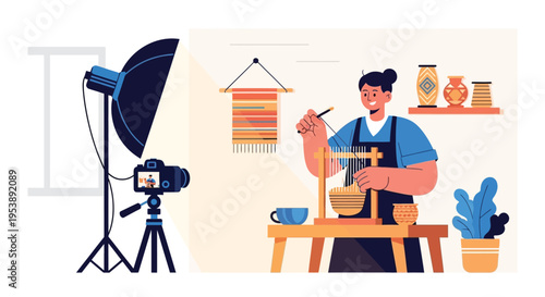 Artist creating pottery with camera and lighting setup.