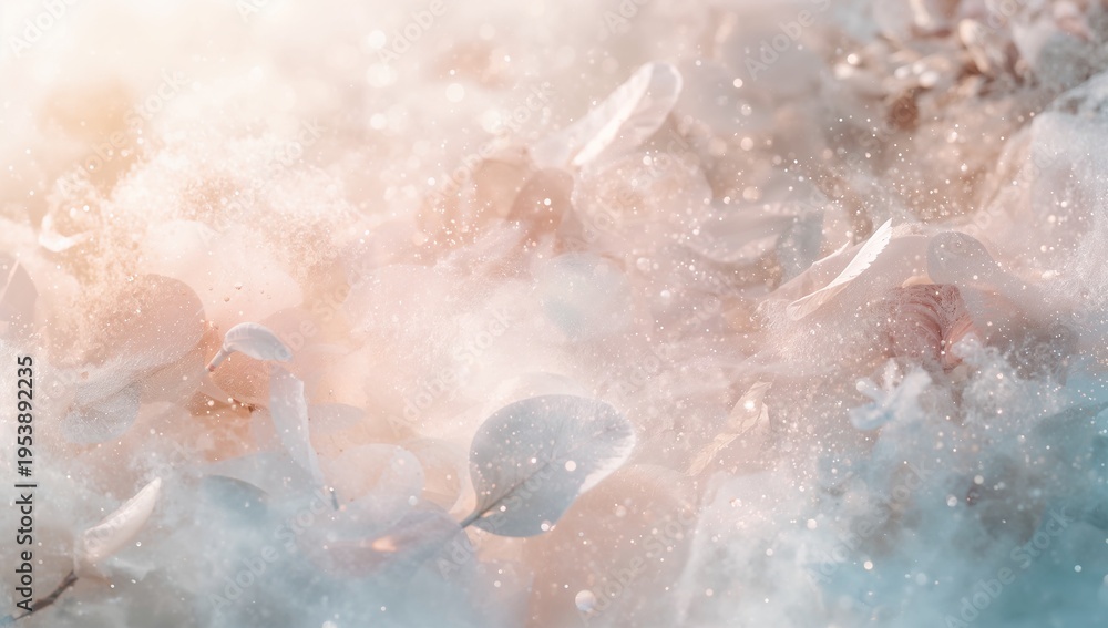 Fototapeta premium Displaying pale flower petals with small bluish leaves resting on soft mist, sparkling droplets