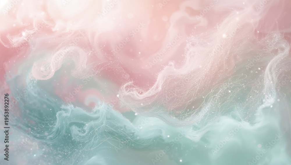 Fototapeta premium Swirling pink teal cloud swirls filling abstract space, with thin filaments and sparkling specks