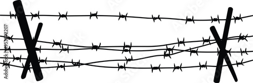 Barbed wire fence silhouette with wooden posts, security barrier concept for border, prison or restricted area, sharp metal wire isolated on white background illustration