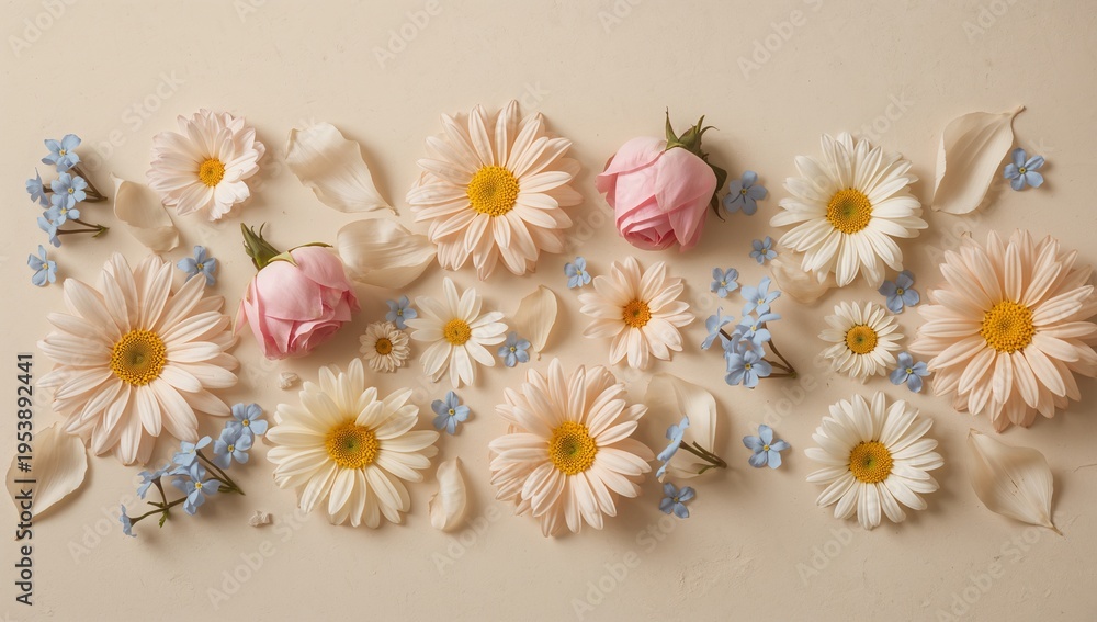 Obraz premium Laying flatlay of cream daisies, pink rosebuds, blue blooms and loose petals on beige backdrop