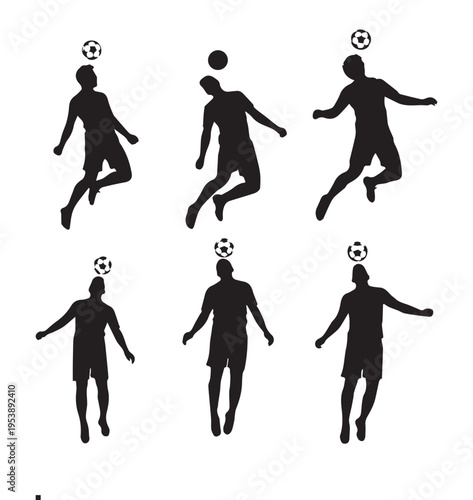 six black silhouettes of soccer players kicking ball isolated on transparent background