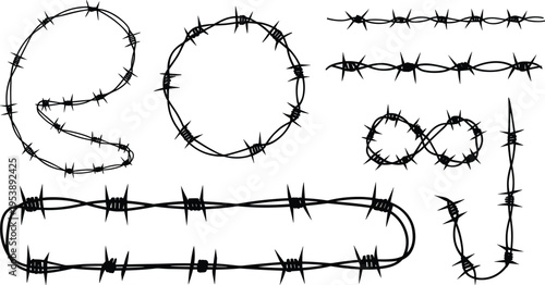 Barbed wire shapes set including circles, lines and loops, security fence elements silhouettes isolated on white background, sharp metal barrier design for border and protection concept