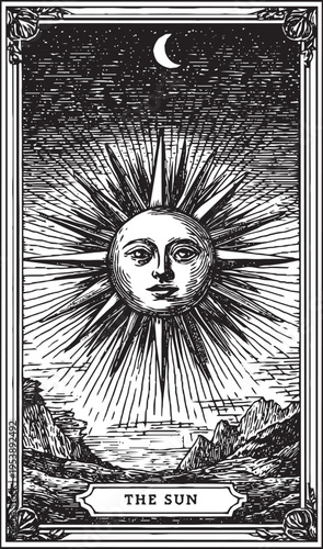 “The Sun” tarot card, tattoo design template, vector illustration.