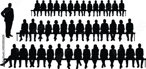 Business people sitting in rows on benches with one standing leader, audience or team concept silhouette, corporate meeting, training seminar, group communication isolated on white