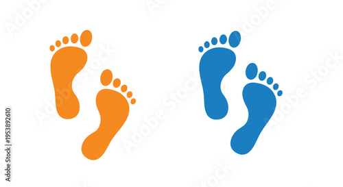 Two sets of footprints one orange and one blue are displayed on a white background