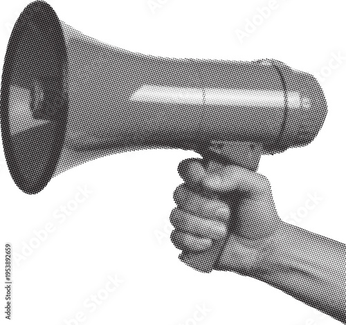 Retro Halftone Megaphone in Hand Loudspeaker Announcement Concept, Pop Art Communication Marketing Promotion Vector Illustration Isolated on White
