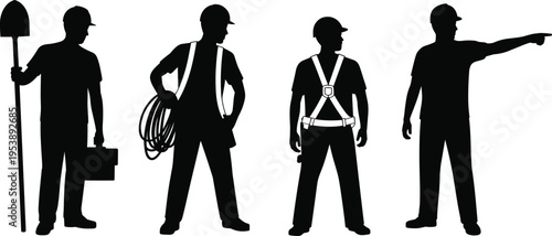 Construction workers silhouette set with tools, helmet and safety harness, builder team posing with equipment, industrial labor concept isolated on white background illustration