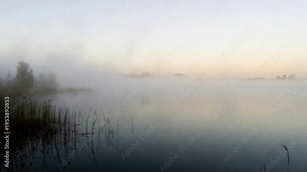 Fototapeta premium Lake surface shrouded in dense morning fog at marsh shoreline