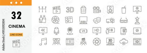 Cinema icons set representing movie, film, camera, popcorn, ticket, theater, entertainment and media concepts. Editable Stroke.