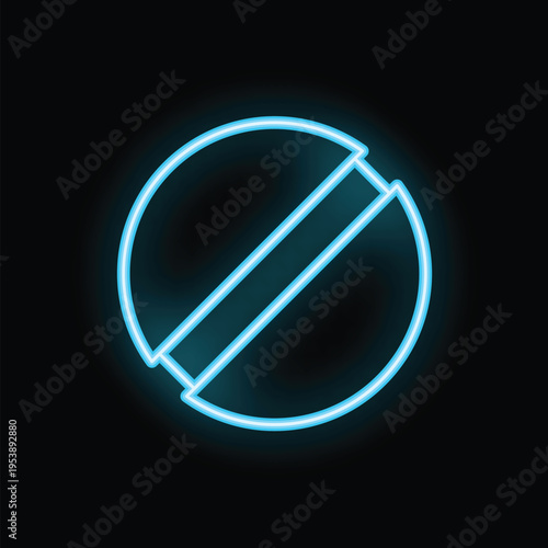 Blue neon sign showing a pill icon on a black background