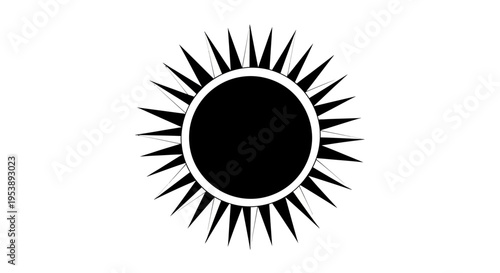 Solid Black Sun Icon with Sharp Spiky Rays, isolated white background.