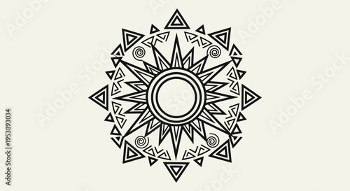 Geometric Sun Symbol within Circular Mandala Design with Tribal Patterns, on a light background.
