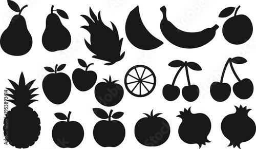 Fruit silhouette collection including apple, banana, cherry, pineapple and citrus slice, healthy food icons set isolated on white for nutrition, grocery, packaging and design use