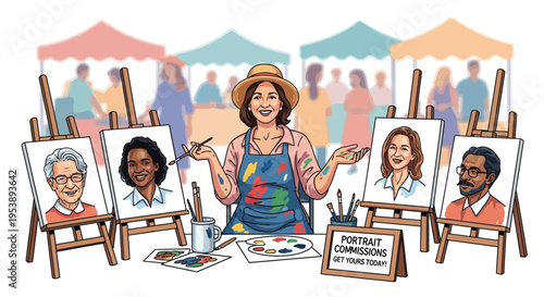 Artist painting portraits at an outdoor market event.