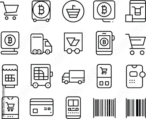Minimalist E-commerce and FinTech Line Icon Set Featuring Bitcoin Cryptocurrency Payments, Online Shopping Carts, Delivery Trucks, Credit Cards, Barcodes, and Digital Wallet Transaction Symbols