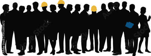 Group of business people and construction workers silhouettes, diverse team with helmets and professionals, workforce collaboration concept for corporate, industry and teamwork isolated on white