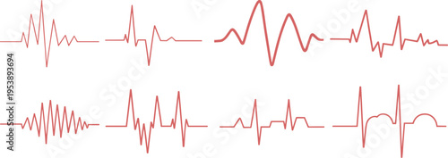 Heartbeat waveform set with electrocardiogram pulse lines, medical ECG signal collection, health monitoring concept for cardiology, fitness and digital diagnostics isolated on white background