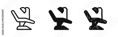 Dental chair, dentist office, dentistry equipment icons set. Outline, solid and hand-drawn style vectors.