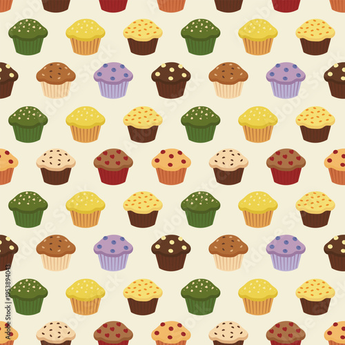 Seamless pattern with various sweet cupcakes and muffins vector illustration.