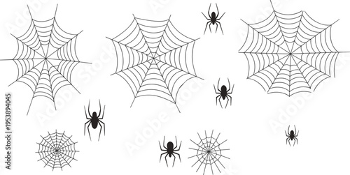 Spider web silhouettes collection with spiders, cobweb set isolated on white background, Halloween decoration and creepy design elements for horror, nature, insect and decoration use