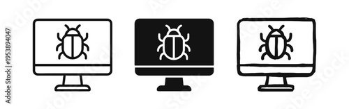 Computer Virus and Malware Bug Icon Set - Digital Cybersecurity Threat on Monitor Screen