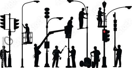Street workers repairing traffic lights and street lamps, city maintenance crew silhouettes with bucket lift, urban infrastructure service and road signal installation isolated on white