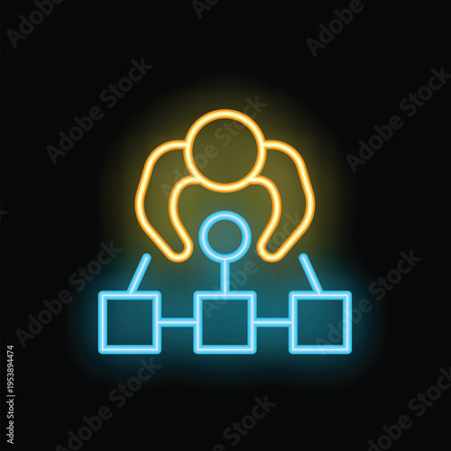 Neon icon of a person controlling a network of computers, representing the concept of a decentralized network