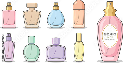 Set of elegant perfume bottles vector illustration collection cartoon style fragrance cosmetics icons isolated on white background beauty luxury packaging design