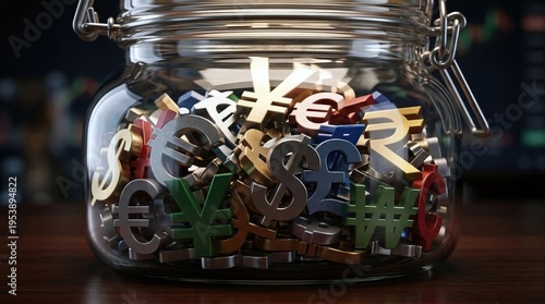 Jar filled with various international currency symbols on a table
