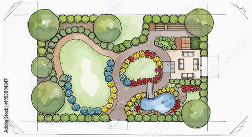 Top-Down Hand-Drawn Landscape Design Plan for Residential Garden