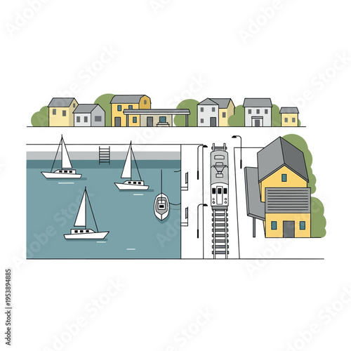 Detailed Cross Section of Coastal Village Scene.